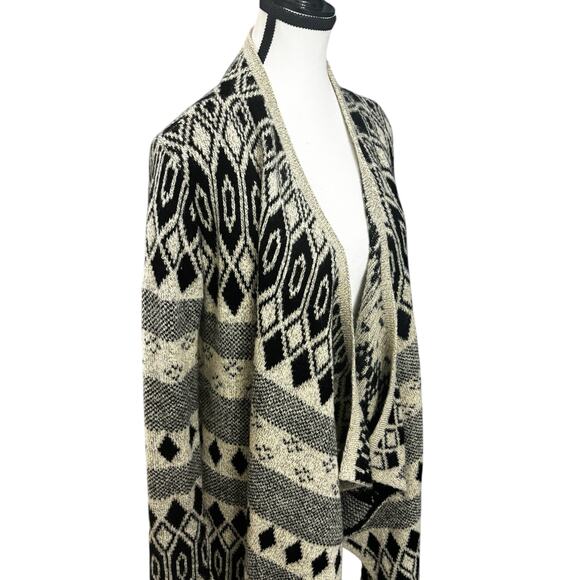 Lucky Brand Waterfall Cardigan Sweater Womens Medium Black Beige Aztec Knit - Picture 9 of 12